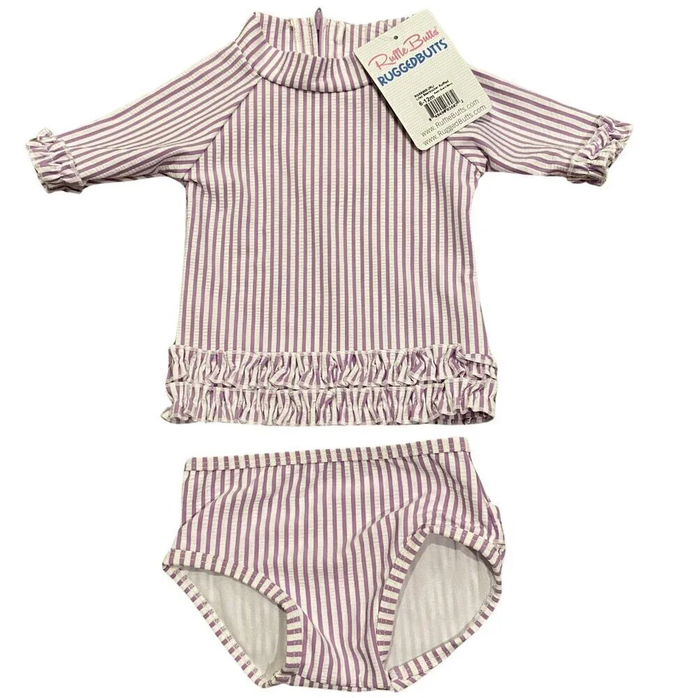 Ruffle Butts 3 piece Purple & White Seersucker Swimsuit & Hat - New! - Picture 2 of 6